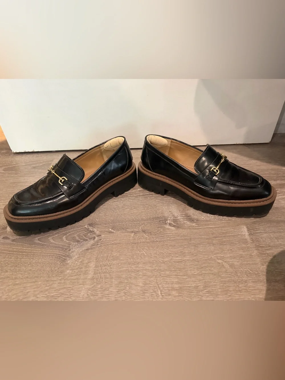 Sam Edelman Black Leather Horsebit Loafers with Brown Soles